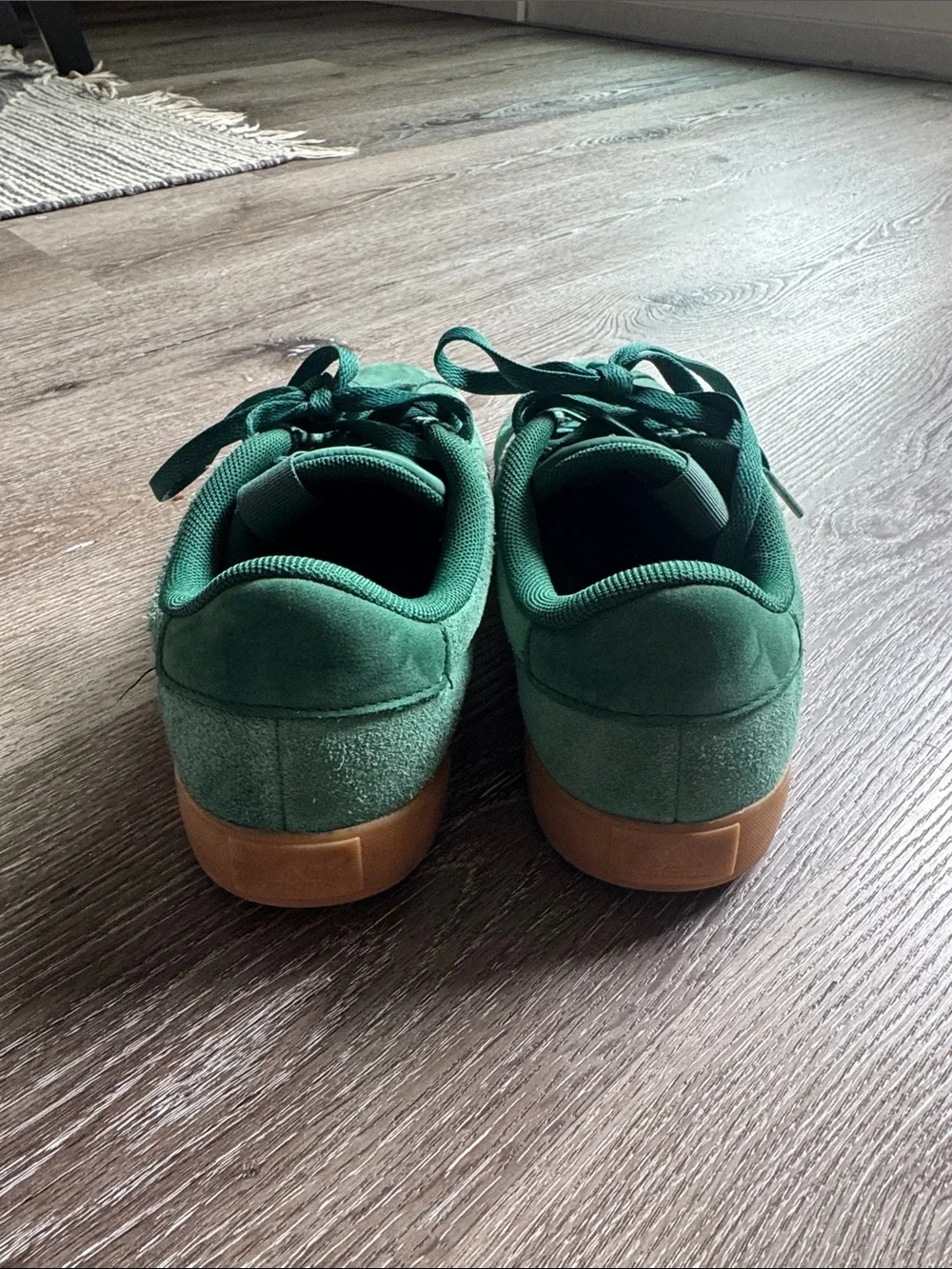 adidas Kids Green Suede Sneakers with White Stripes and Gum Sole